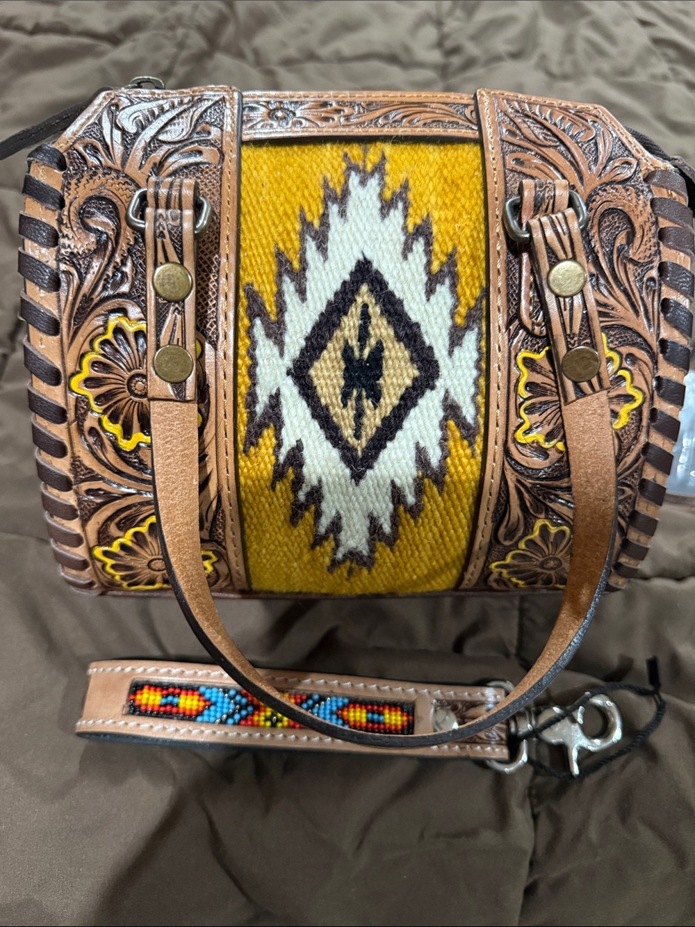 Tooled Genuine Leather Crossbody Mini Speedy with Yellow Aztec Wool Panel